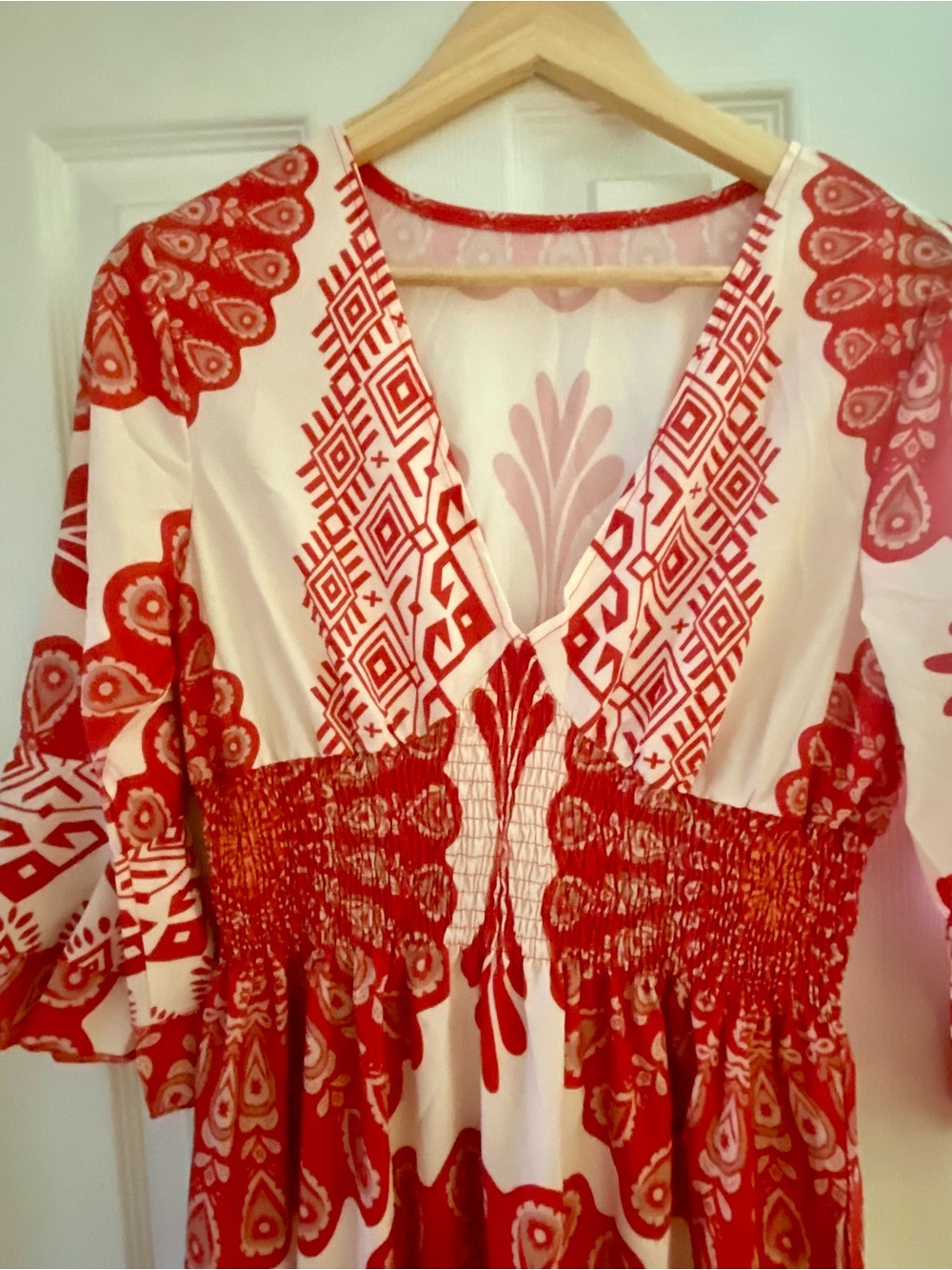 Red and White Patterned V-Neck Women's Dress - Picture 5 of 8